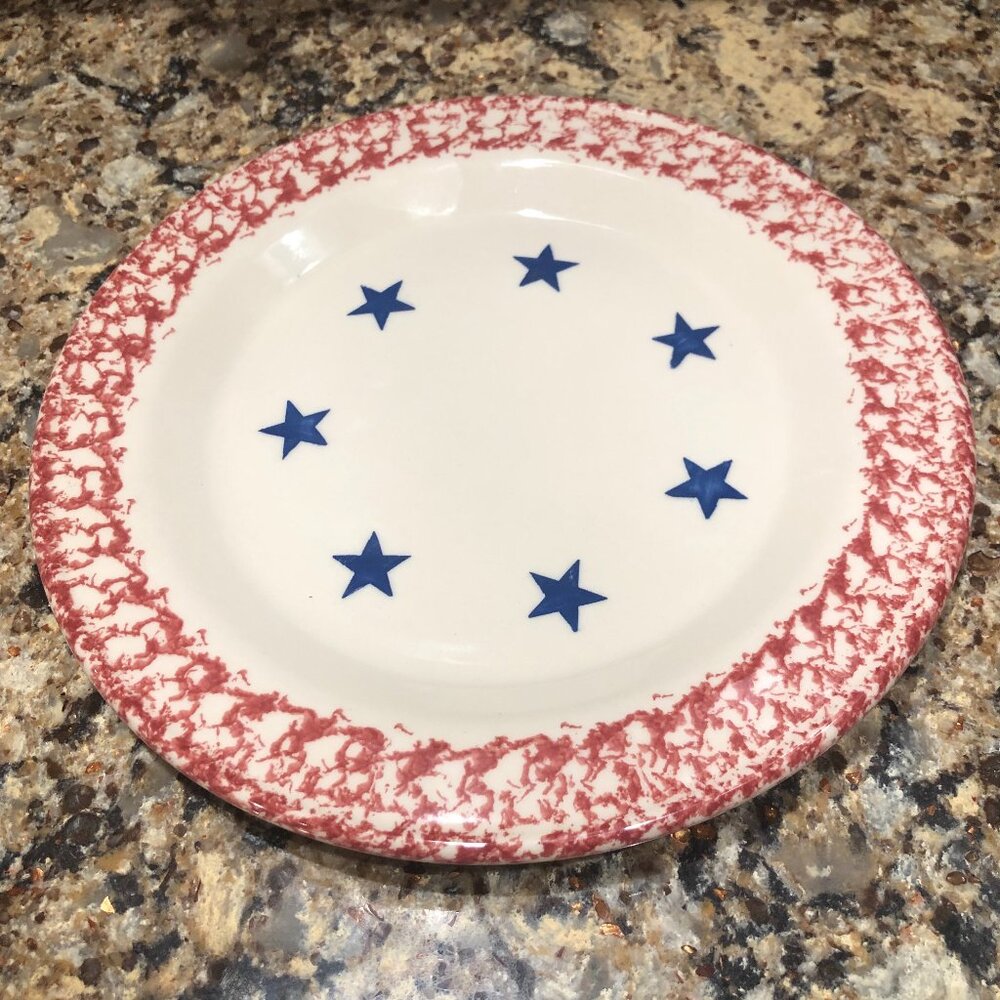 Gerald E Henn-Roseville Spongeware Old Glory American Blue Star Plates (2)